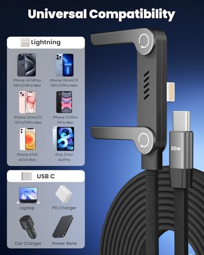 USB C to Lightning Cable with Built-in Phone Stand, MFi Certified 30W PD Fast Sideways iPhone Charger, 90 Degree Type C to Lightning Cable, 2 in 1 Invisible Holder Charger Cable for iPhone 14-5, iPad
