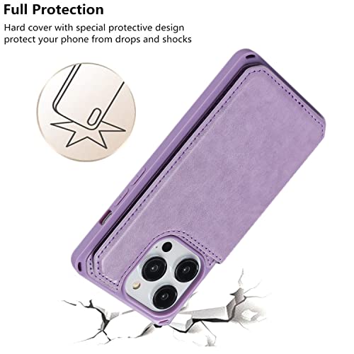 iCoverCase Compatible with iPhone 14 Pro Wallet Phone Case with Card Holder for Women, RFID Blocking Embossed PU Leather Wrist Strap Case 6.1 Inch (Macaron Purple) - color: P-Purple