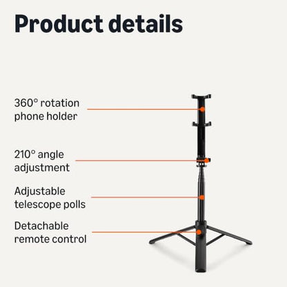 Amazon Basics 36" Portable Selfie Stick Mini Tripod for Phone with Detachable Remote, 360-Degree Rotation, 30-Foot Range, Compatible with iPhone, Samsung, and More, Black - size: 36inch
