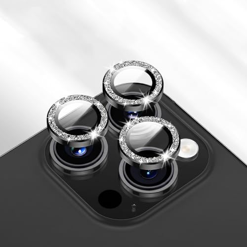 Camera Lens Protector for iPhone 15 Pro Max/15 Pro/14 Pro Max/14 Pro 9H Tempered Glass Screen Protector Cover Alignment Kit Metal Individual Ring (Black Glitter) - color: Black Glitter