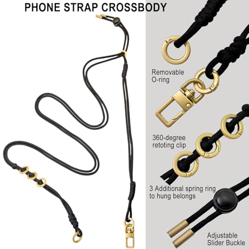 DAOSUN Phone Lanyard CellPhone Strap Crossbody, 3 in 1 Detachable Anti Theft Phone Cross Body Strap - color: Black-5mm Paracord