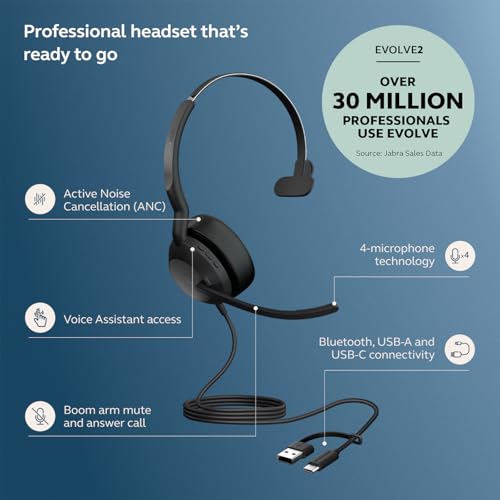 Jabra Evolve2 50 Wired Single-Ear Headset - Noise Cancelling Headphones, Bluetooth Headset for Work with Noise Cancelling Microphones, Goes with Online Meeting Platforms Like Microsoft Teams, Black - style: Microsoft Teams, Single Ear