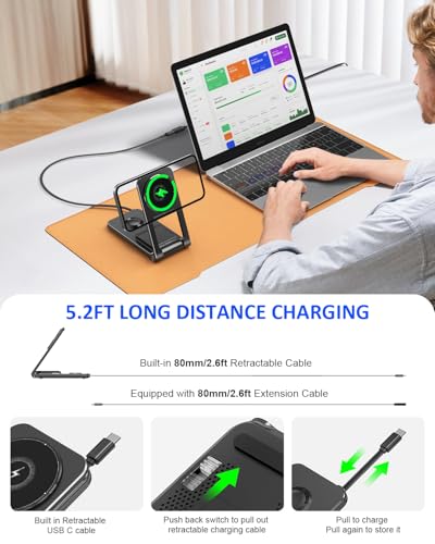 3 in 1 Magnetic Wireless Charger,Foldable Charging Station Built-in Retractable Cable,15W Portable Wireless Charging Stand for iPhone 16 15 14 13 12,Apple Watch,AirPods (20W Adapter) (Black) - color: Black