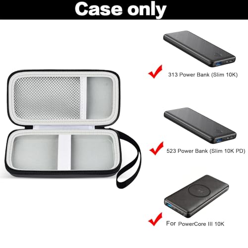 Power Bank Case for Anker 313/523 10000mAh Portable Charger, Hard Shell | Black Case with Elastic Strap, Mesh Cable Pocket and Hand Strap, Compact Storage for Work, Daily Carry and Travel, Case Only