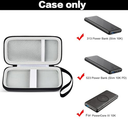 Power Bank Case for Anker 313/523 10000mAh Portable Charger, Hard Shell | Black Case with Elastic Strap, Mesh Cable Pocket and Hand Strap, Compact Storage for Work, Daily Carry and Travel, Case Only