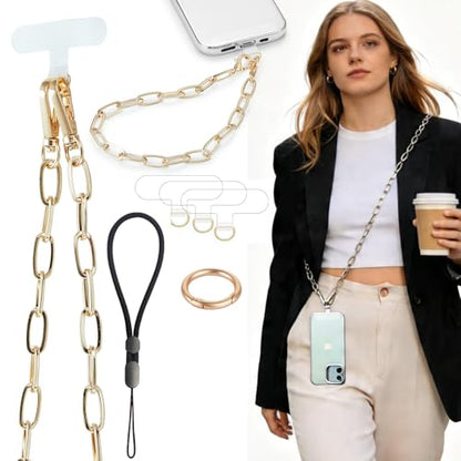 Crossbody Phone Lanyard Chain Shoulder Cell Phones Strap Charm Neck Chain with Wrist Strap Finger Grip 3 Pad Patches Tether Anti Theft Universal for iPhone 17 Pro Max 16 15 14 13 Samsung Gold - color: O-gold Set