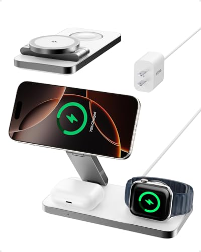 Intoval 3-in-1 Foldable Wireless Charging Station, Qi2 Certified 15W Ultra Fast Wireless Charger for Magsafe, Magnetic Charger Stand for iPhone 17/16/15/14/13/12, Apple Watch & AirPods.(White) - color: White