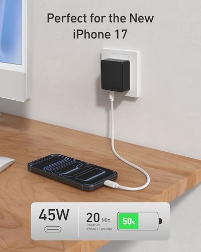 Nekmit Flat USB C Wall Charger, 45W Dual Port PPS Fast USB Charger Block(1*USB-C & 1*USB-A), Slim USB C Wall Plug for iPhone 17/16 and More Series, MacBook Air, iPad - color: Black