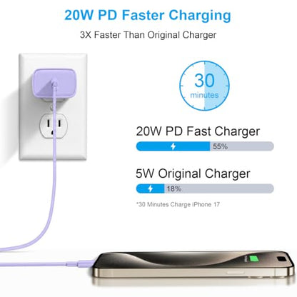 iPhone 17 16 15 Charger Fast Charging 12FT - 20W USB C Charger Block - color: Purple, size: 12FT