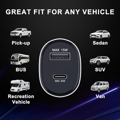 Super Fast Dual Car Charger (45W+15W) Dual Ports USB-C & USB-A White 6.6ft Cable for Samsung S25 S24 S23 S22- Black