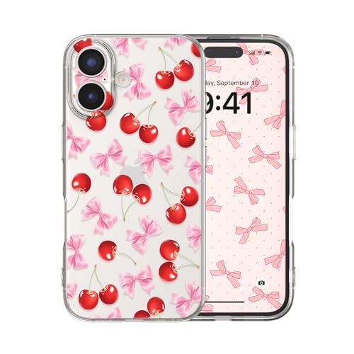 for iPhone 17 Case, Cherries Bows | Cute Bow Cherry Aesthetic Clear Ribbon Pattern Women Girls, Girly Transparent Soft Slim TPU Shockproof Protective Cover - color: Cherries Bows, size: for iPhone 17