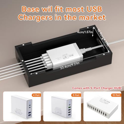 Bamboo Charging Station with 5 Port Charger HUB & 5 Cables- Natural + Black - color: Natural + Black