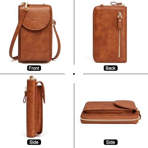 S-ZONE Small Crossbody Bags for Women Phone Purse RFID Blocking Wallet | Card Slots, Vegan Leather, Anti-theft, Multi Pockets, Detachable Adjustable Strap, Travel Eveyday Outing - color: Retro Brown