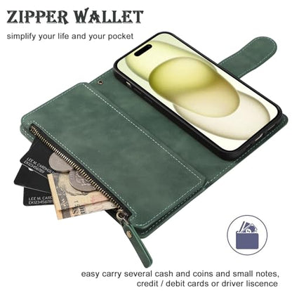RANYOK Wallet Case for iPhone 15 (6.1 inch) with RFID Blocking Credit Card Holder, Premium PU Leather [Zipper Pocket] Flip Folio Wallet with Wrist Strap Kickstand Protective Case (Black Green) - color: Black Green