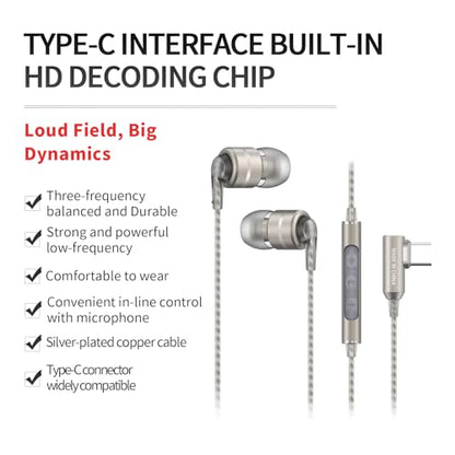 SoundMAGIC E80D Digital USB C Headphones - Type C Wired Earbuds with Microphone HiFi Stereo Earphones Powerful Bass Noise Isolating Compatible with Android Device, Gunmetal