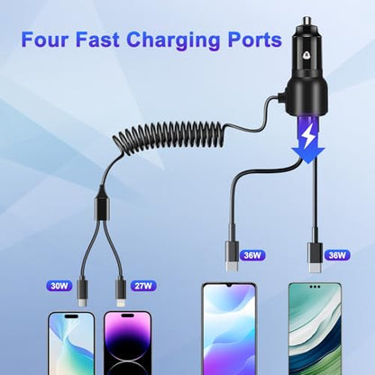 BUNUD Car Charger USB C Fast Charge, 66W Car Phone Charger, 4-in-1 & Coiled