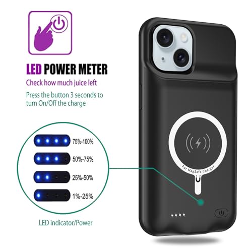 Wireless Charging Case for iPhone 15, 10000mAh High Capacity Portable Rechargeable Protective Battery Case Wireless Charging Compatible with iPhone 15 (6.1 inch) Extended Battery Charger Case (Black) - size: iPhone 15