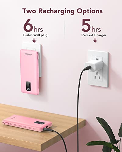 charmast Portable Charger Power Bank Built in Cables,10000mAh Battery Pack | with AC Wall Plug,LED Display & 5 Outputs,Travel Camping Essentials Slim External Phone Charger for iPhone,Samsung,Android - color: Pink