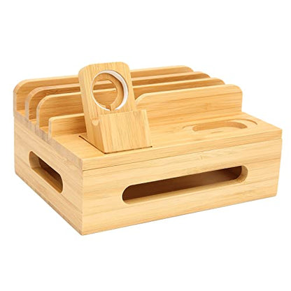 Bamboo Multi Device Charging Station Organizer for Phone, Tablet and Watch, Compact Charging Dock Stand