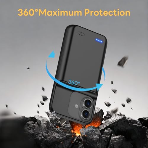 Battery Case for iPhone 17(6.3 inch), 2026 Upgraded 7000mAh Ultra-Slim Charging Case Poratble Rechargeable Extended Charger Case Battery Pack with Tempered Glass Screen Protector Black