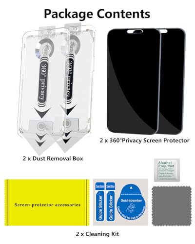 360 Privacy Screen Protector for iPhone 17 Pro Max 6.9 inch, 4-Way Anti Spy Tempered Glass with Auto Dust Removal Kit, Case Friendly Full Coverage 9H Hardness Shatterproof Film, 2 Pack