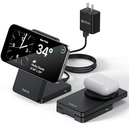 Folding Wireless Charging Stand, Magnetic 15W Fast Charging Station Mag-Safe Travel Lightweight Charger Compatible for iPhone 16/16 Pro/16 Pro Max/16 Plus/15/14/13/12 Series, AirPods 4/3