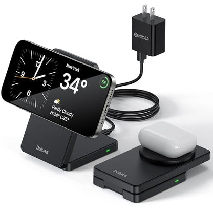 Folding Wireless Charging Stand, Magnetic 15W Fast Charging Station Mag-Safe Travel Lightweight Charger Compatible for iPhone 16/16 Pro/16 Pro Max/16 Plus/15/14/13/12 Series, AirPods 4/3