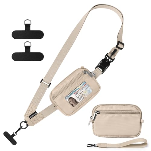 Nekmit Clip and Go Strap for Phone with Wallet Crossbody, Adjustable Phone Lanyard with Detachable Zippered Pouch & Wristlet - color: Dark Beige