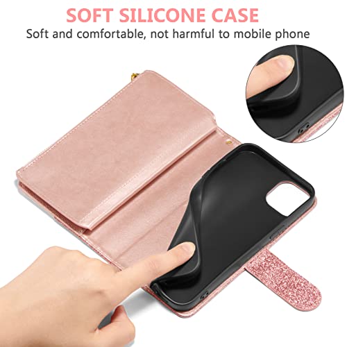 UEEBAI Wallet Case for iPhone 13 - PU Leather Magnetic Closure Handbag With Zipper Pocket, Kickstand, Card Slots and Hand Strap - Bling Rose Gold Flip for Women - color: Bling Rose Gold