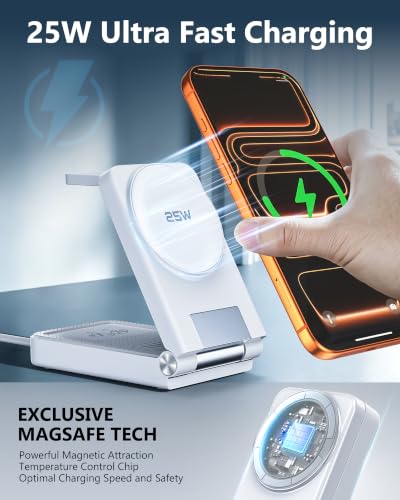 25W 3 in 1 Charging Station,Foldable MagSafe Fast Magnetic Wireless Charger