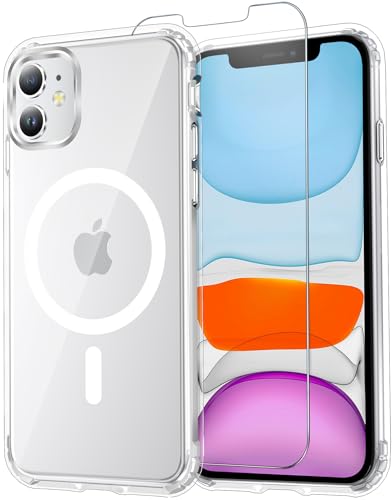 for iPhone 11 Case with Screen Protector Clear | Compatible with Magsafe, Anti-Yellowing, Military-Grade Protection, Shockproof Slim Magnetic Phone Case,6.1" - color: A-Clear, size: iPhone 11