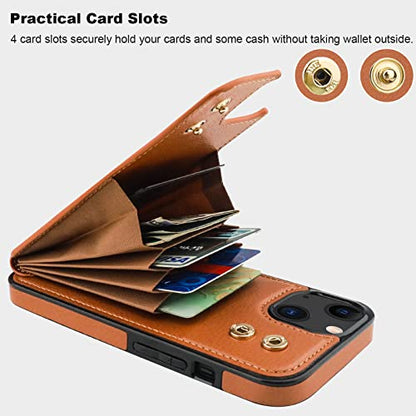 Folosu Compatible with iPhone 14 Case Wallet with Card Holder, 360°Rotation Finger Ring Holder Kickstand, RFID Blocking Leather Protective Double Buttons Shockproof Cover 6.1 Inch Brown - color: Brown, size: iPhone 14