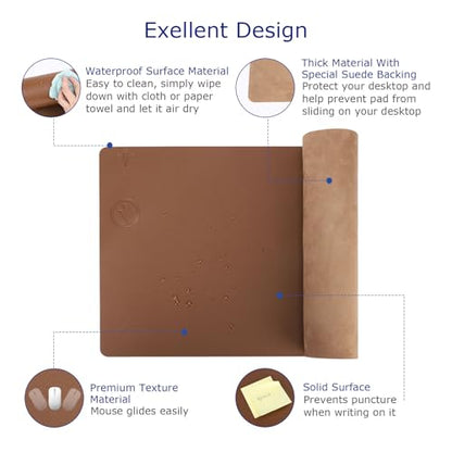 EYStech™ Desk Pad with Wireless Charger, Leather, Waterproof, Anti-Slip Wool Felt Base Material, Office Table Mat, Fast Charging Gaming Mouse Pad, 32”(L) x 16”(W), Brown (Left Side Charging Port)