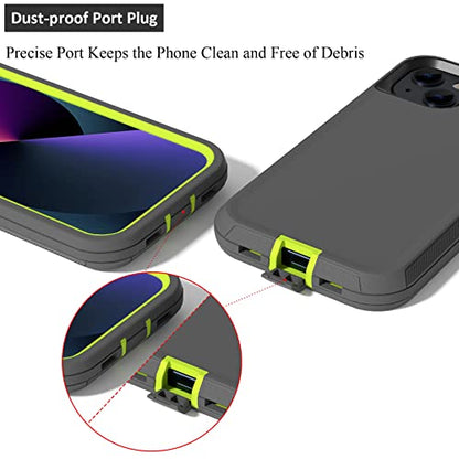 Compatible with iPhone 13 6.1 inch Case,with Screen Protectors,Heavy Duty Rugged Shockproof Full Body Protection Kickstand Case with Belt Clip Holster for iPhone 13 Phone (Dark Grey+Green) - color: Dark Grey+Green