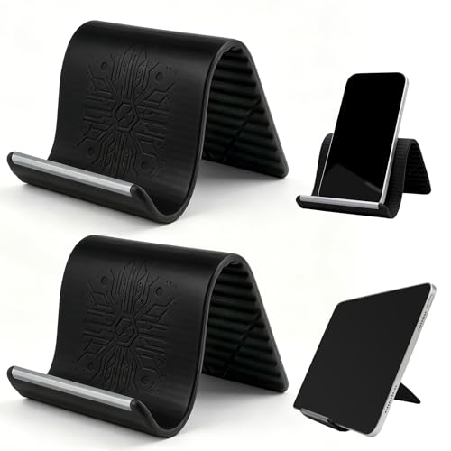 2 Pack Adjustable Foldable Silicone Phone Stand, Universal Bendable Cell Phone Tablet Holder, Portable Anti-Slip Desk Bed Phone Mount for Travel Home Office(Black) - color: Black
