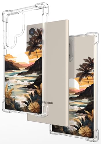 Hungo Galaxy S24 Ultra Case for Women Clear Design Cute,Girly Girls Case Compatible with Samsung Galaxy S24 Ultra Ocean Beach Mountain Sunset Sun Sea Palm Trees Clouds Hills Tropical - color: Beach Sunset