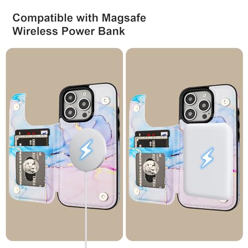 HAOPINSH for iPhone 16 Pro Case Wallet Compatible with MagSafe Wireless Charging, Pink Blue Marble Pattern Back Flip Folio PU Leather Kickstand Card Slots Case Double Magnetic Clasp Cover 6.3" - color: Pink Blue Marble for MagSafe