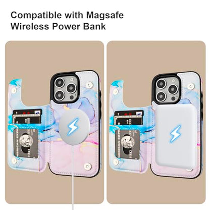 HAOPINSH for iPhone 16 Pro Case Wallet Compatible with MagSafe Wireless Charging, Pink Blue Marble Pattern Back Flip Folio PU Leather Kickstand Card Slots Case Double Magnetic Clasp Cover 6.3" - color: Pink Blue Marble for MagSafe