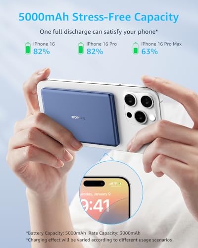 “Air” Power Bank for MagSafe 5000mAh Ultra Slim Battery Charger Case | Magnetic Wireless Portable Battery Charger Case with USB-C Cable, Compatible with iPhone 17/16/15/14/13/12 Series Only (Blue) - color: Blue