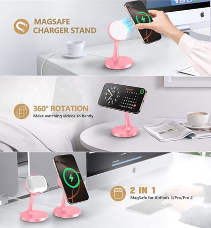 TXXTOL Magnetic Wireless Charger iPhone Stand, 15W Fast Mag-Safe Charger iPhone 17/17 Air/17 Pro/17 Pro Max 16/15/14/13/12 Series Magnet Wireless Charging Station/Pad/AirPods for Home, Office, Travel - color: 1Pack Pink