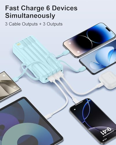 Portable Charger with Built-in Cables, 27000mAh Slim 30W Fast Charging Power Bank with LED Display, USB C Battery Pack 6 Outputs & 2 Inputs, Travel Essential Charger for iPhone, Samsung, Google etc - color: Sky Blue