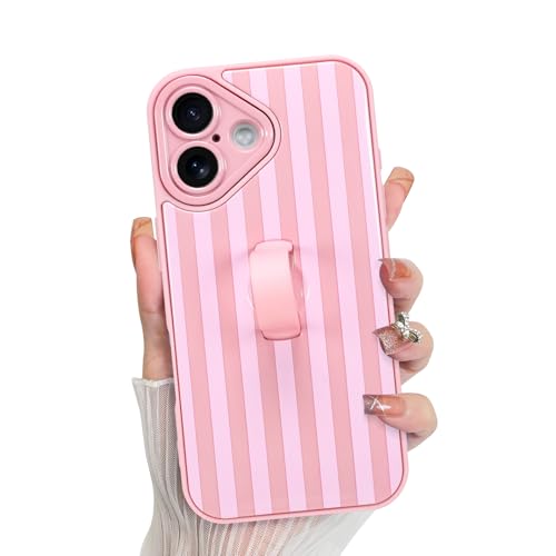 KANGHAR Compatible with iPhone 17 Case 2025 Stripes -Pink | Silicone Cute Pattern, Wristband Kickstand Camera Protection Soft Slim Cover for Girls Women - color: Pink-Stripes, size: iPhone 17