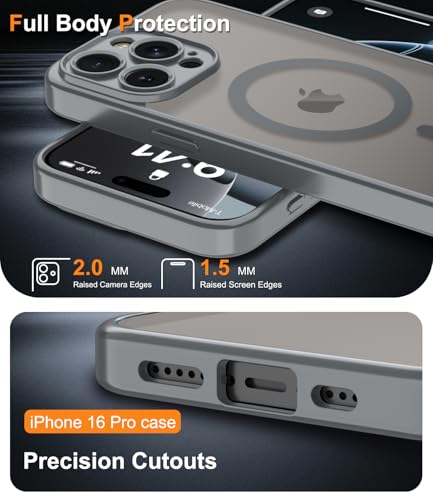 Magnetic Case for iPhone 16 Pro Case with Screen Protector+Wrist Strap | Compatible with MagSafe,Full Camera Protection,Slim Translucent Matte Phone Cover,Grey - color: Grey