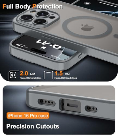 Magnetic Case for iPhone 16 Pro Case with Screen Protector+Wrist Strap | Compatible with MagSafe,Full Camera Protection,Slim Translucent Matte Phone Cover,Grey - color: Grey