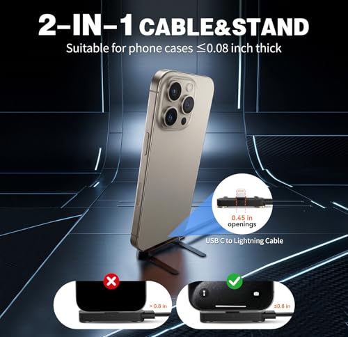 USB C to Lightning 2 in 1 Invisible Holder Charger Cable, MFi, 30W PD