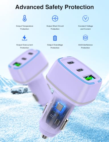 75W USB C Car Charger, 3-Port Super Fast Charging Cigarette Lighte - color: Purple
