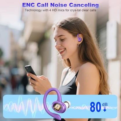 Hupoaf Wireless Earbuds Sport, 2025 Bluetooth 5.4 Headphones with Earhooks, 50H Stereo Deep Bass Over Ear Buds with 4 ENC Noise Canceling Mics, IP7 Waterproof Earphones for Running Workout Gym -Purple - color: D-Purple