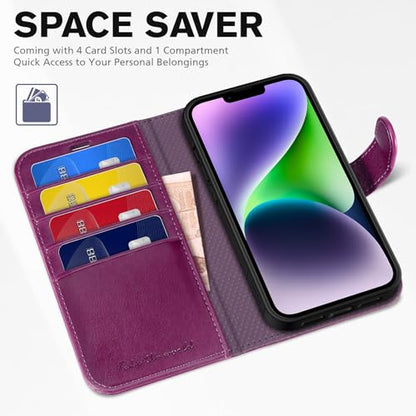 TUCCH Wallet Case for iPhone 14 (6.1") 2022, Flip Stand, Plum Purple | RFID Blocking, 4 Card Holders, Kickstand, PU Leather, Shockproof TPU Shell, Magnetic Closure, Protective Folio Cover - color: Plum Purple