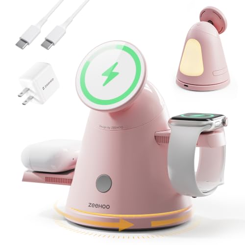 ZEEHOO 3 in 1 Charging Station for Apple Devices, Mag-Safe Charger Stand&Light,Fast Wireless Charging Station for iPhone 17/16/15/14/13/12&AirPods&iWatch &Pixel 10&Samsung Galaxy Watch,30W Adapter - color: Pink