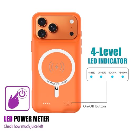 Battery Case for iPhone 17 Pro Max,12000mAh Rechargeable Portable Charging Case with Wireless Charging Compatible for iPhone 17 Pro Max (6.9inch) with Carplay Extend Battery Pack Charger Cover -Orange - size: iPhone 17 Pro Max-Orange